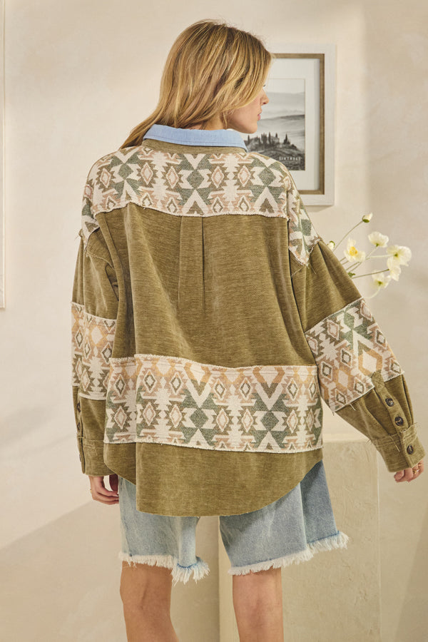 WASHED AZTEC PRINTED MIXED BUTTON DOWN SHACKET
