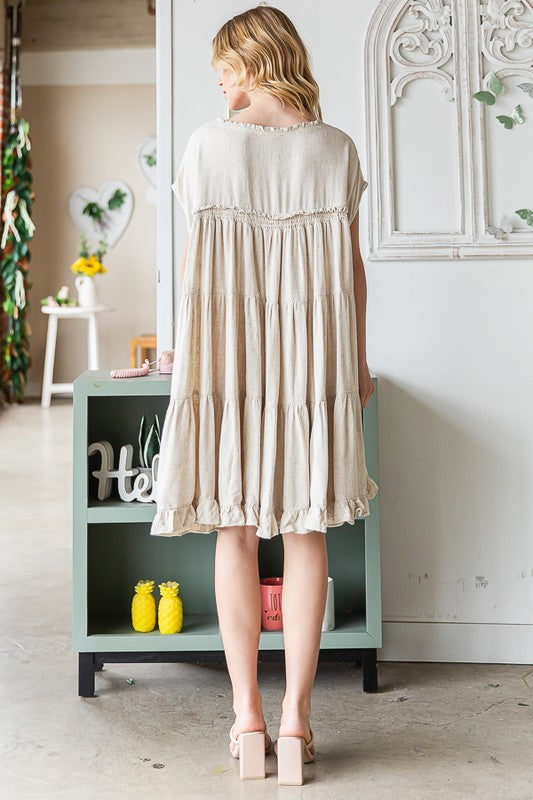 WASHED TIERED RUFFLE HEM BABYDOLL MINI DRESS