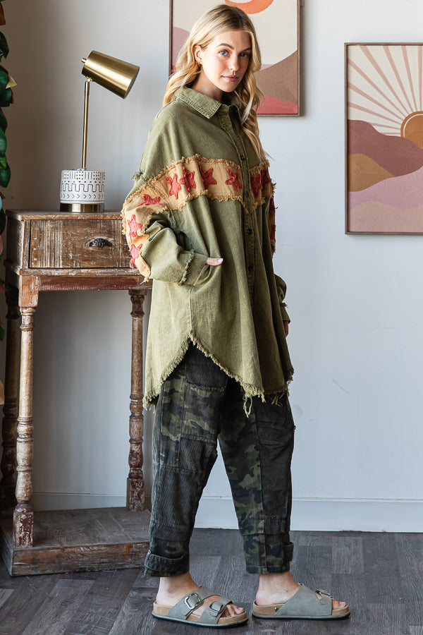 WASHED STAR PATCHWORK BUTTON DOWN SHACKET
