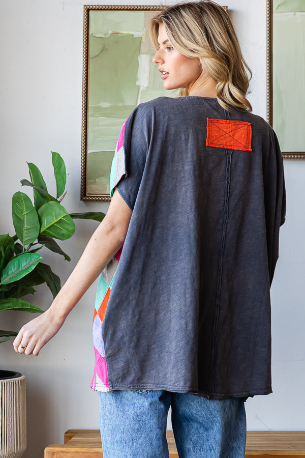 WASHED MULTICOLOR GEO PATCHWORK OVERSIZED TOP
