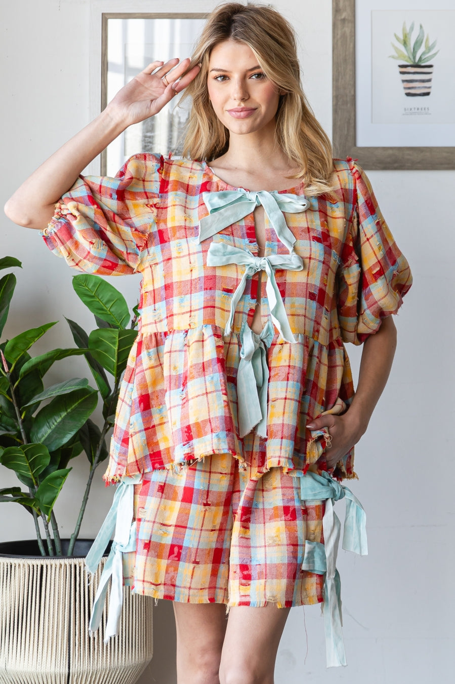 WASHED PLAID RIBBON TOP SHORT TWO PIECE SET