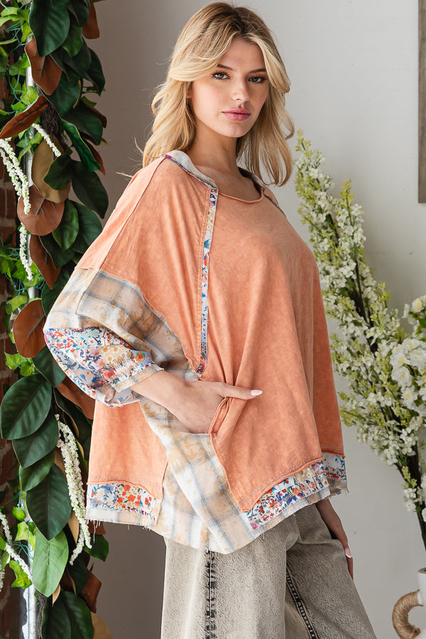 WASHED MULTI PRINT PATCHWORK OVERSIZED TOP