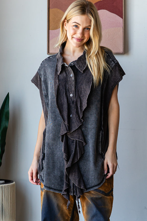 WASHED RUFFLE DETAIL FRONT BUTTON DOWN SHIRT