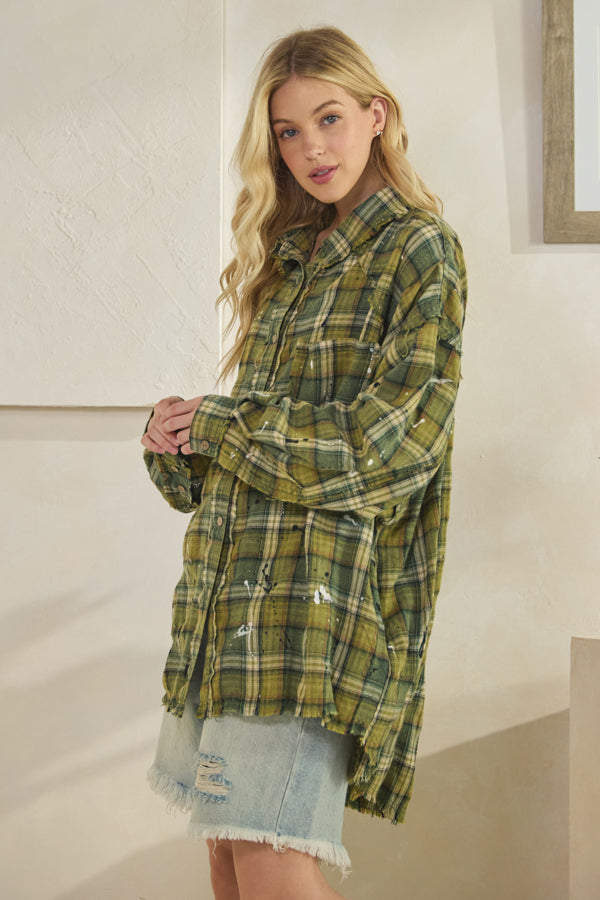 WASHED BUTTON DOWN LONG SLEEVE PLAID SHIRT