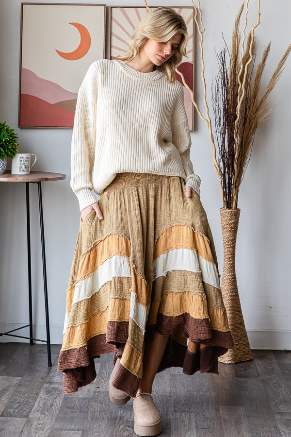 WASHED TIERED SMOCKED WAIST FLARE HEM SKIRT