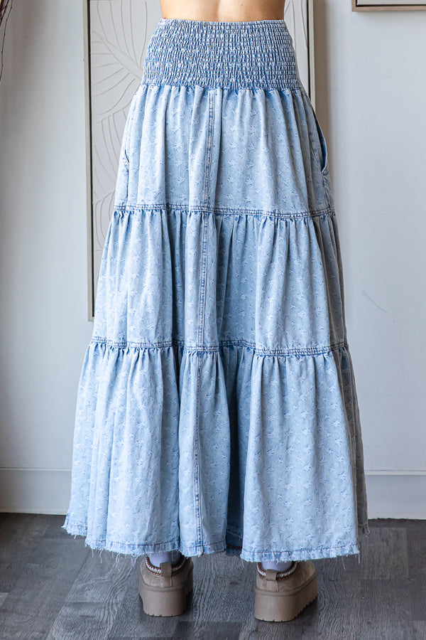 WASHED PRINTED MAXI TIERED SKIRT