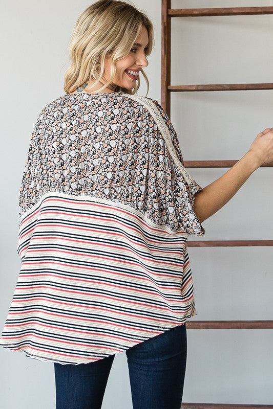 CROCHET YOKE STRIPED CURVY HEM OVERSIZED TOP