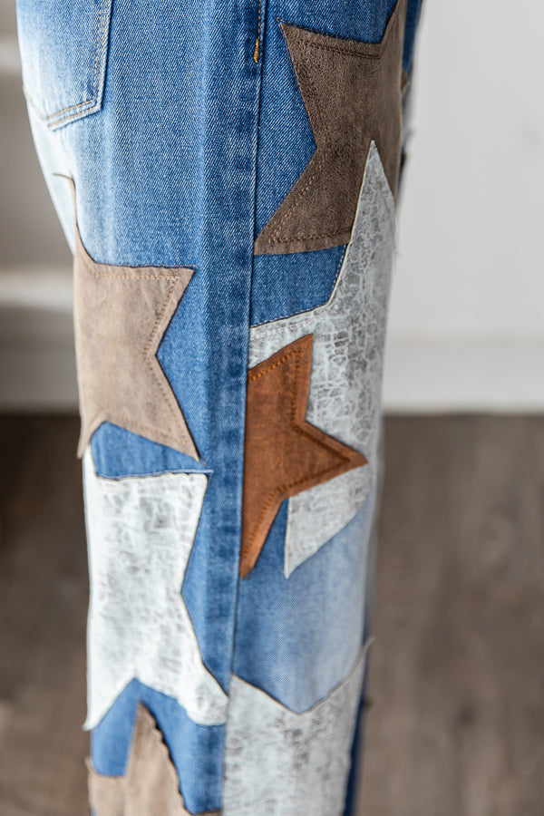 WASHED PU LEATHER STAR PATCHED JEANS