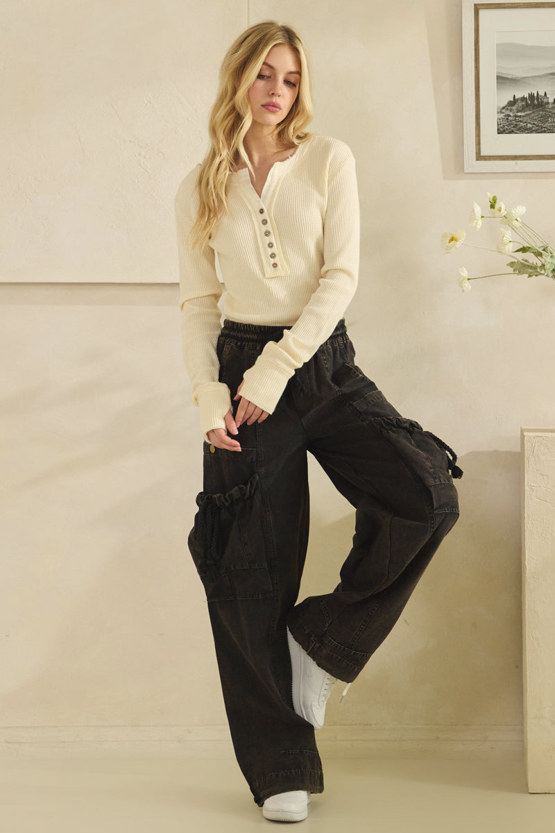 WASHED ELASTIC WAIST STRING POINT BIG POCKET PANTS