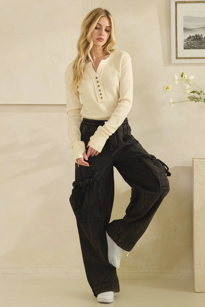 WASHED ELASTIC WAIST STRING POINT BIG POCKET PANTS