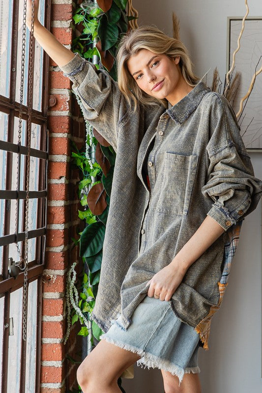 WASHED PLAID PACTHWORK BACK DETAIL SHIRT