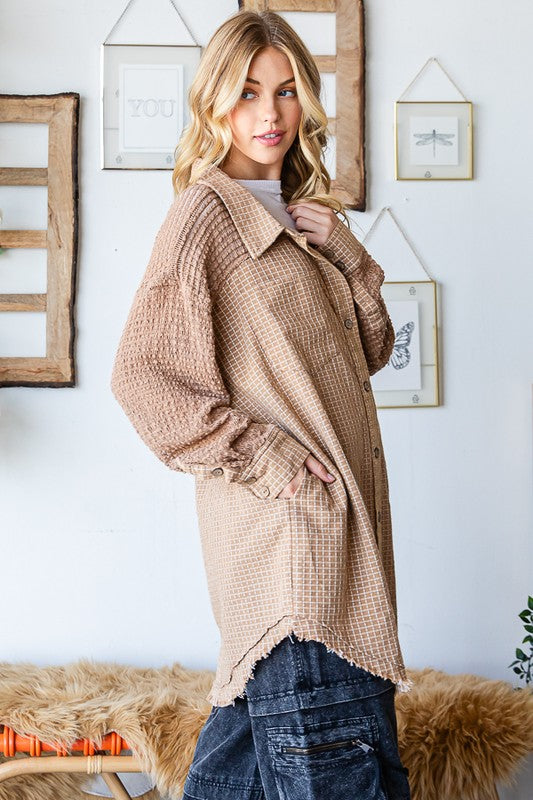 WASHED MIX MEDIA LONG SLEEVE FRAYED HEM SHIRT