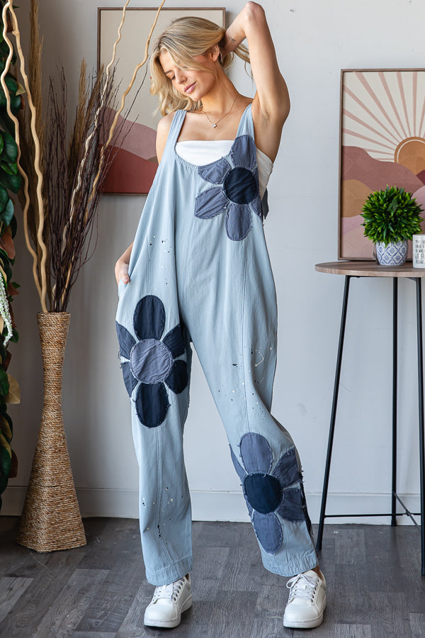 WASHED BIG FLOWER PATCHWORK OVERALL