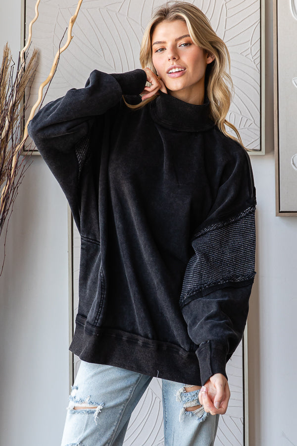 MINERAL WASHED FUNNELNECK LONG SLEEVE PULLOVER TOP