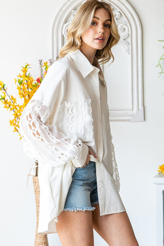 MINERAL WASHED EMBROIDERY ORGANZA SLEEVE SHIRTS