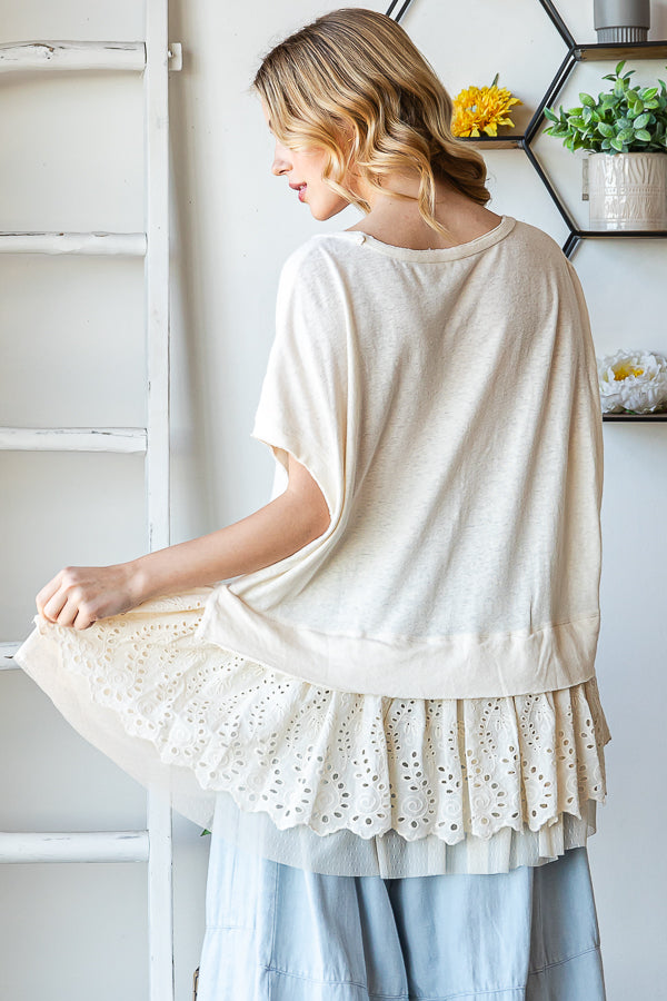 WASHED LAYERED RUFFLE EYELET LACE HEM PEPLUM TOP