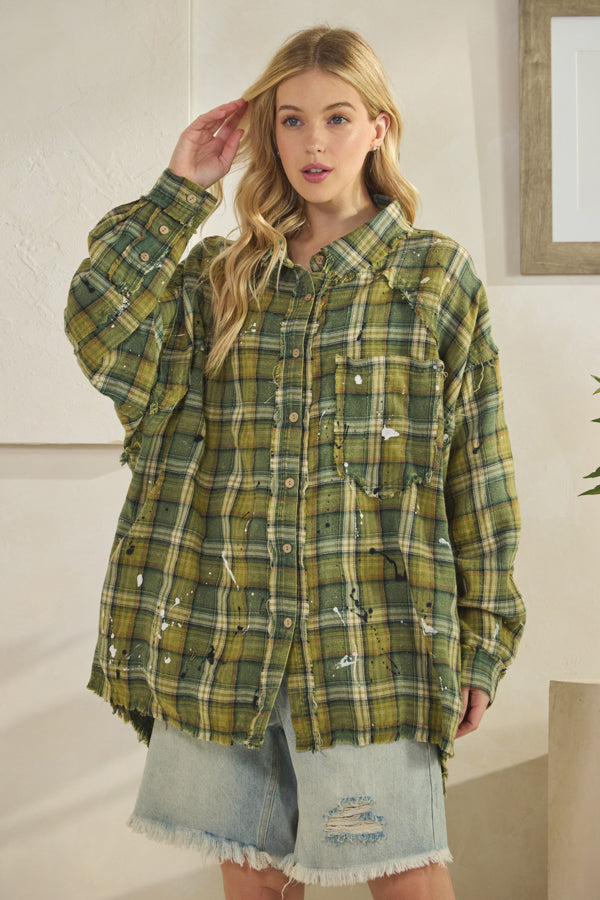 WASHED BUTTON DOWN LONG SLEEVE PLAID SHIRT