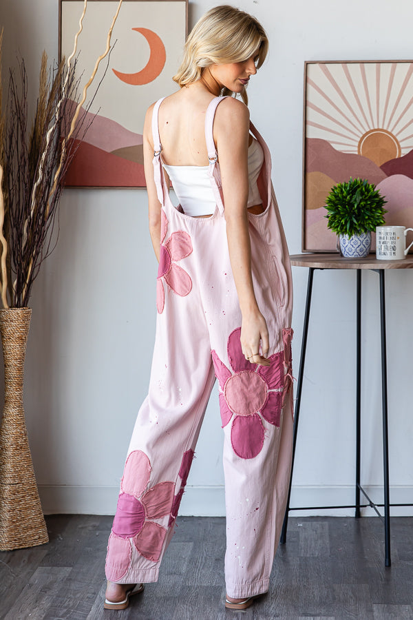 WASHED BIG FLOWER PATCHWORK OVERALL