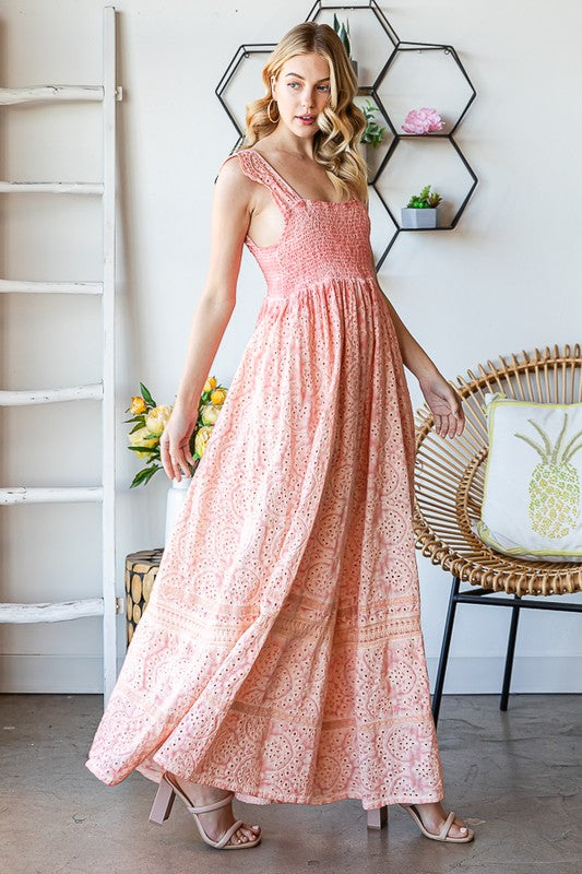 WASHED SMOCKED EYELET SLEEVELESS WIDE LEG JUMPSUIT