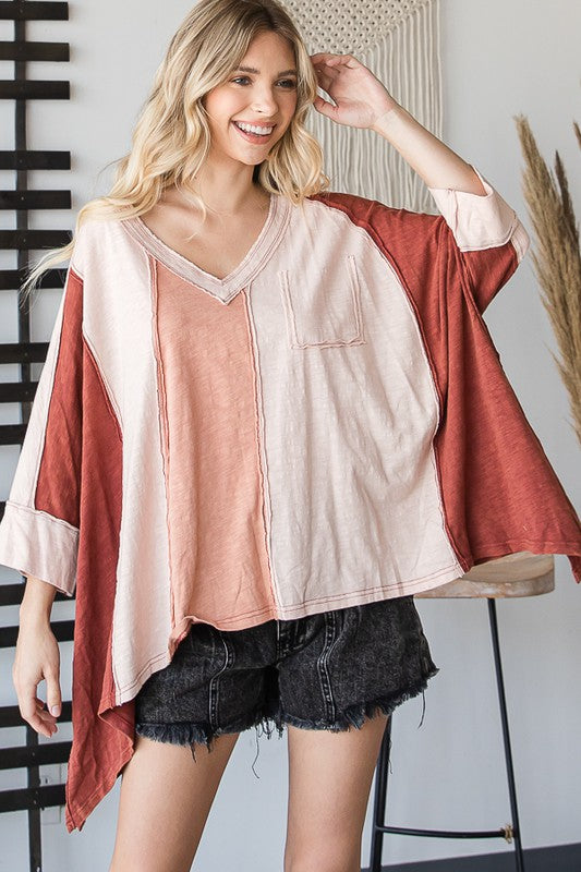 MINERAL WASHED COLOR BLOCK DETAIL LOOSE TEE
