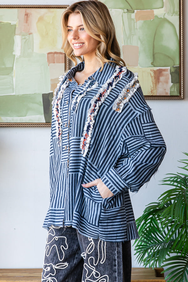 RUFFLE CONTRAST DETAIL STRIPED BUTTON DOWN SHIRT