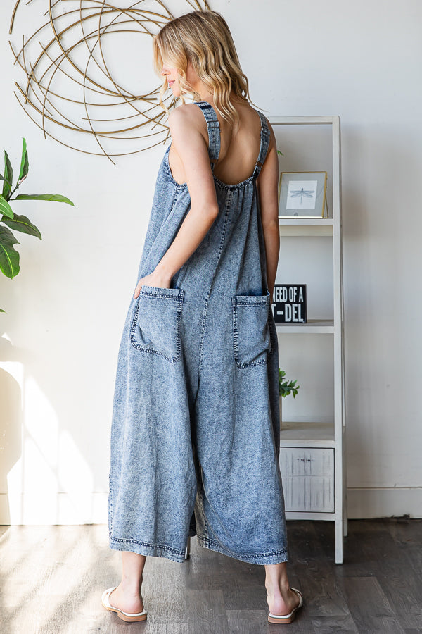 WASHED PLEATED DETAIL WIDE LEG ROMPER