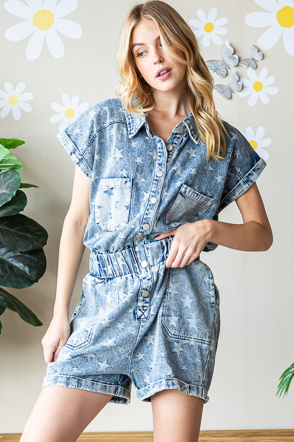 WASHED STAR PRINT ELASTIC WAISTBAND ROMPER