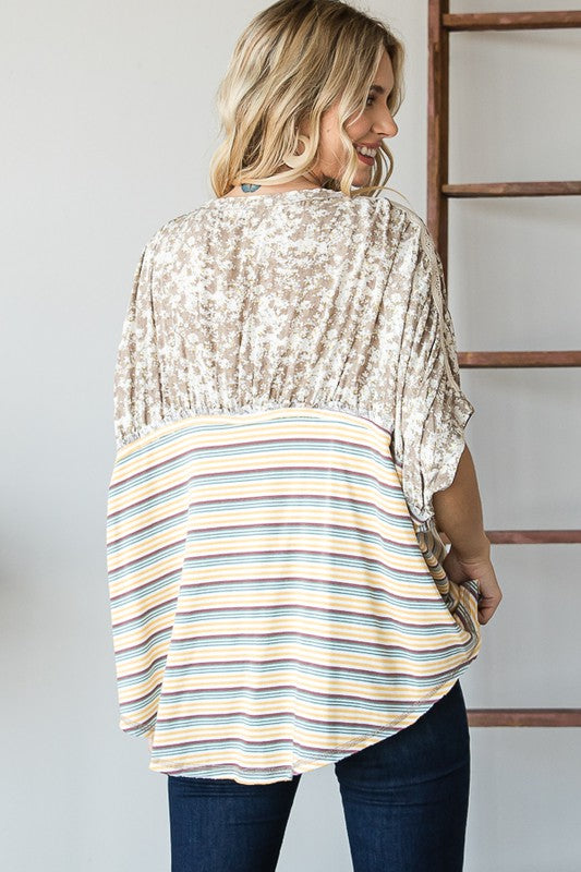 CROCHET YOKE STRIPED CURVY HEM OVERSIZED TOP