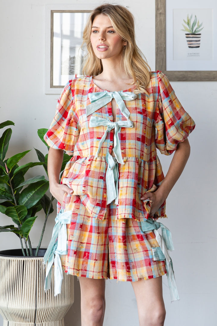 WASHED PLAID RIBBON TOP SHORT TWO PIECE SET