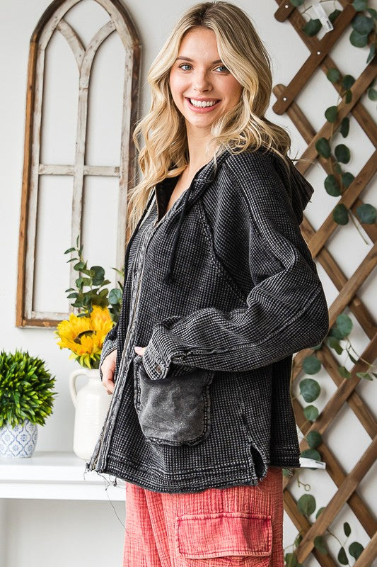 WASHED ZIP FRONT HOODED WAFFLE JACKET