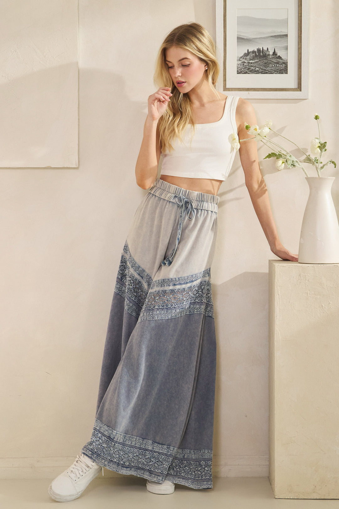 WASHED FABRIC MIX WIDE LEG PANTS