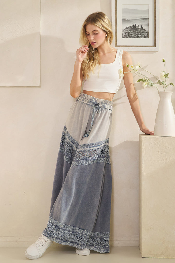 WASHED FABRIC MIX WIDE LEG PANTS