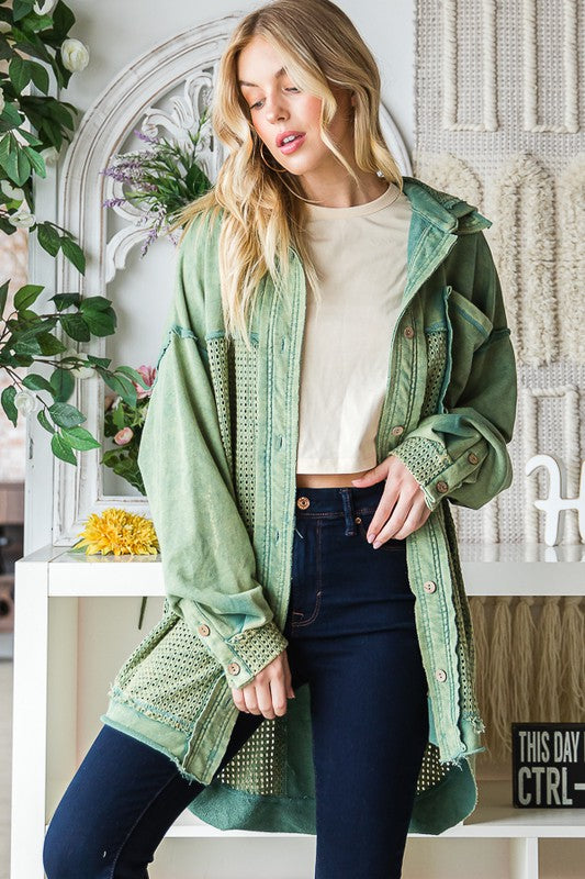 WASHED MIX MEDIA BUTTON DOWN HOODED SHACKET