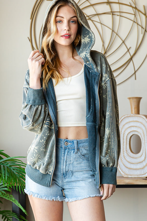 PRINTED DETAIL HOODED ZIP FRONT JACKET