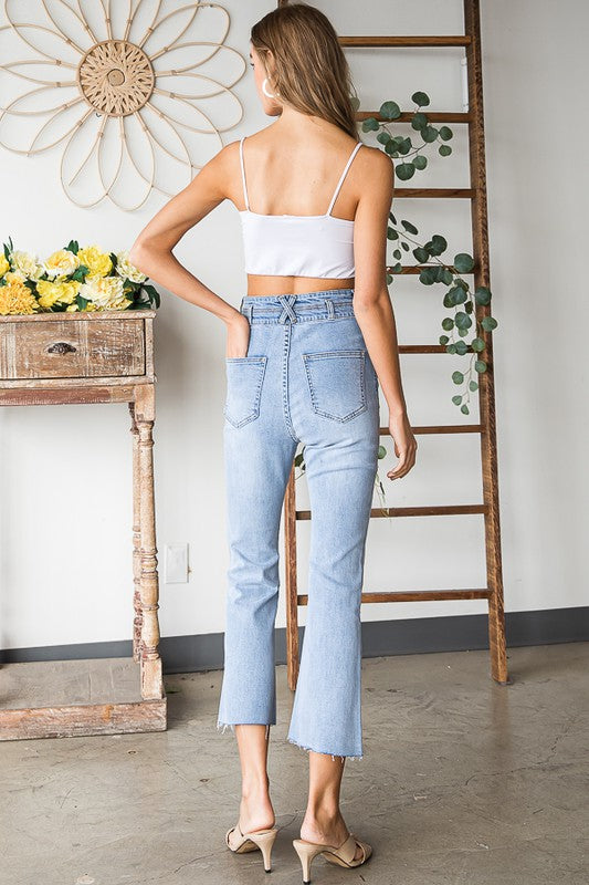 MINERAL WASHED DOUBLE WASIT BAND CROPPED JEANS