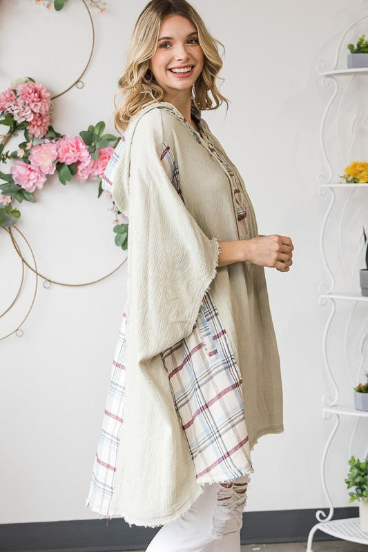 WASHED PLAID MIXED HOODED OVERSIZED TUNIC TOP