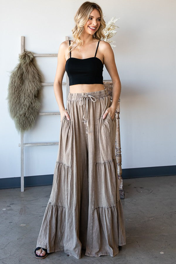 MINERAL WASHED TIERED BOHO WIDE LEG CASUAL PANTS