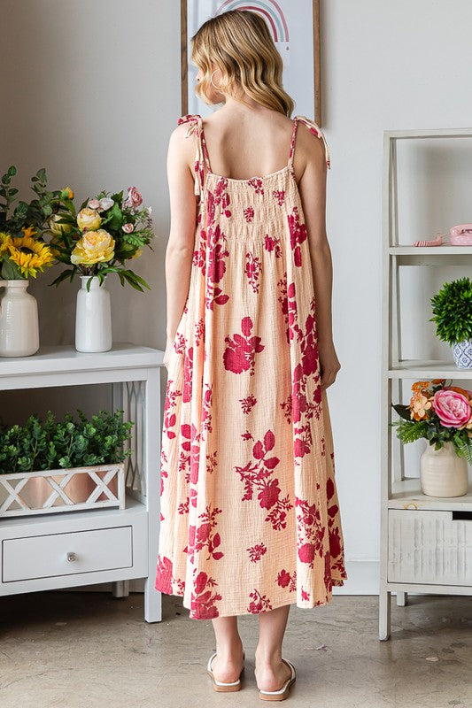 PRINTED TIE STRAPS SMOCKED FRONT MAXI DRESS