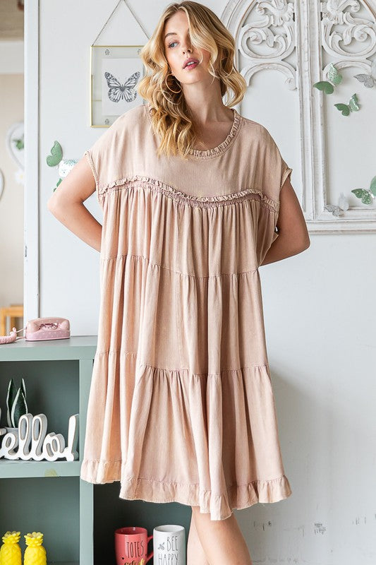 WASHED TIERED RUFFLE HEM BABYDOLL MINI DRESS