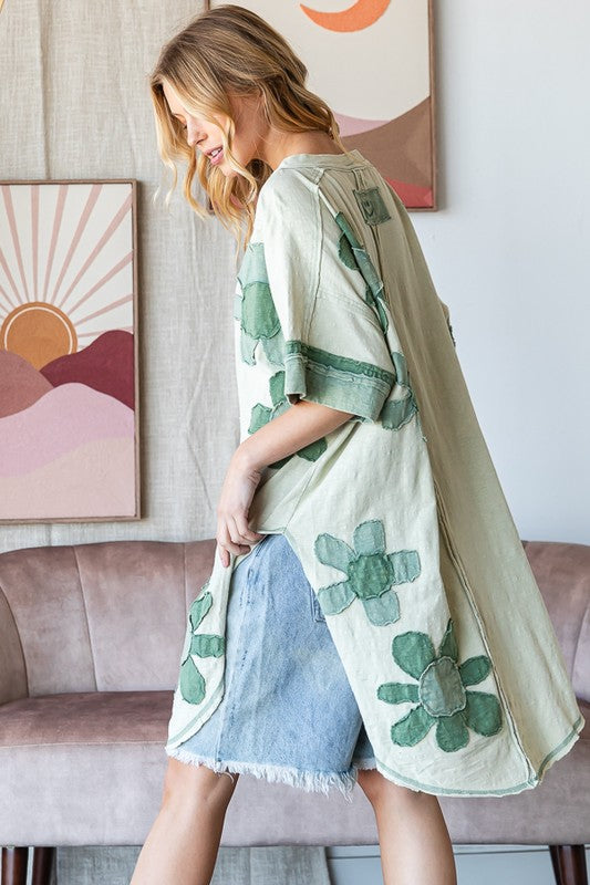 WASHED FLOWER PATCHWORK WIDE NECK TUNIC TOP