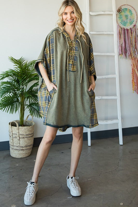 WASHED MIX MEDIA PLAID DETAIL OVERSIZED TUNIC TOP