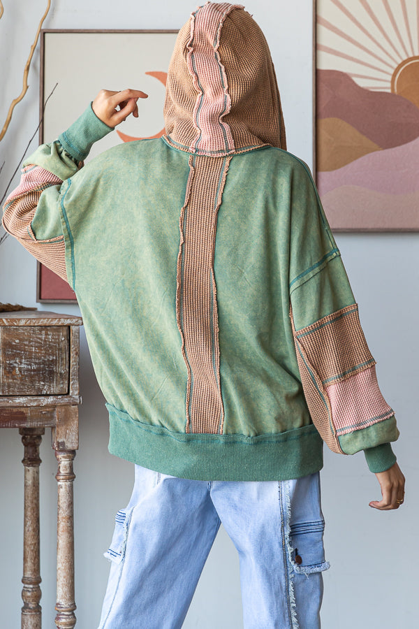 WASHED COLORBLOCK HOODED SOFT THERMAL JACKET