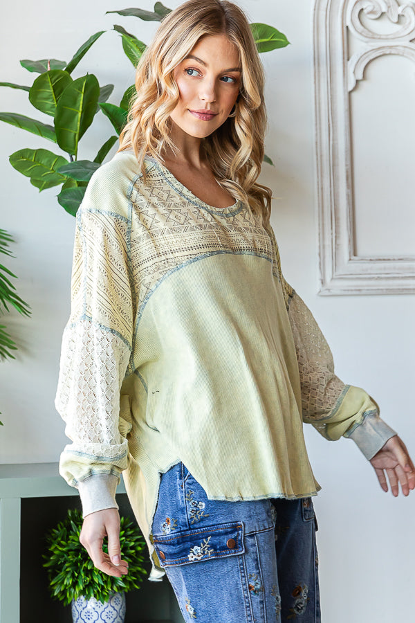 WASHED LACE CONTRAST YOKE LONG SLEEVE TOP
