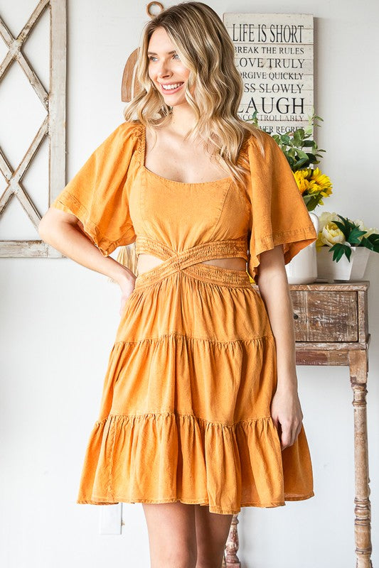 WASHED CROSS CUTOUT TIERED MINI DRESS