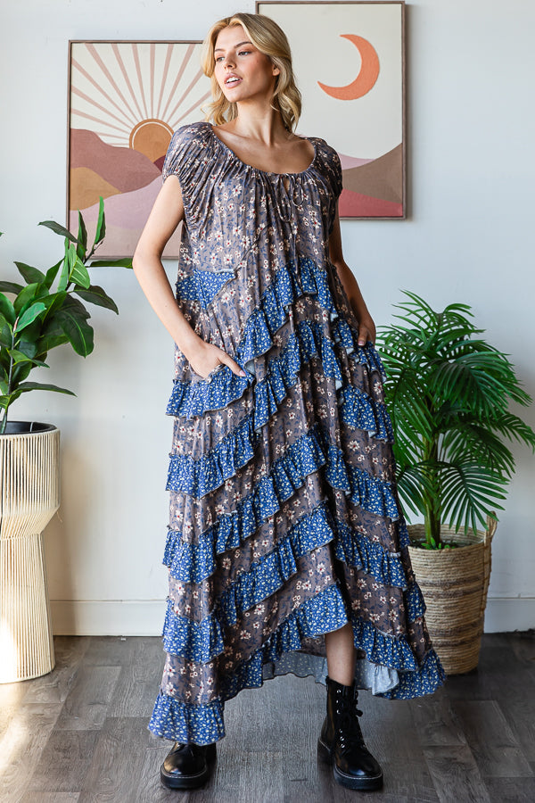 FLORAL PRINTED LAYERED RUFFLE MAXI DRESS