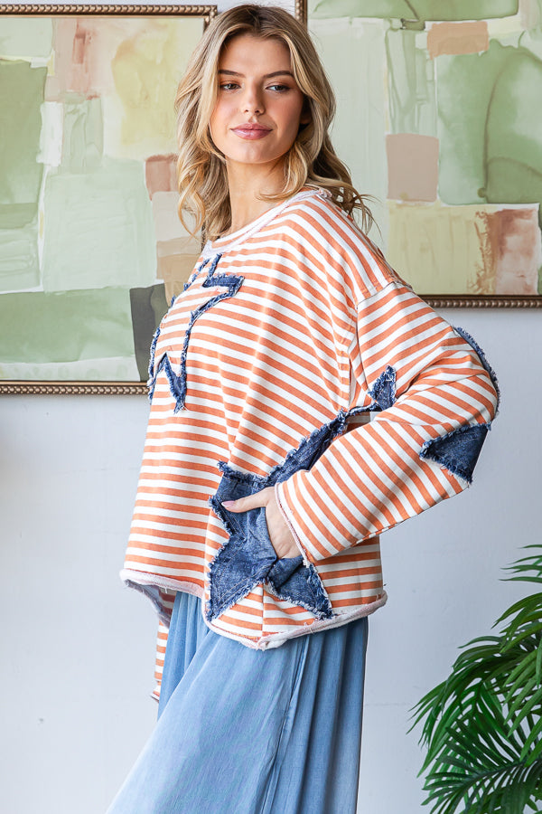 STAR PATCHWORK STRIPED DROP SHOULDER TOP