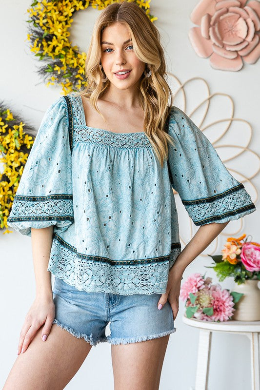 WASHED EYELET LACED BABYDOLL TOP
