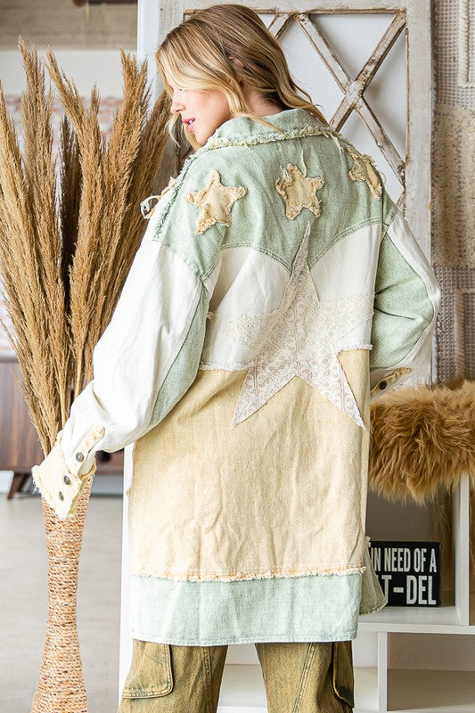 WASHED STAR PATCHWORK MIXED PLAID HOODED SHACKET