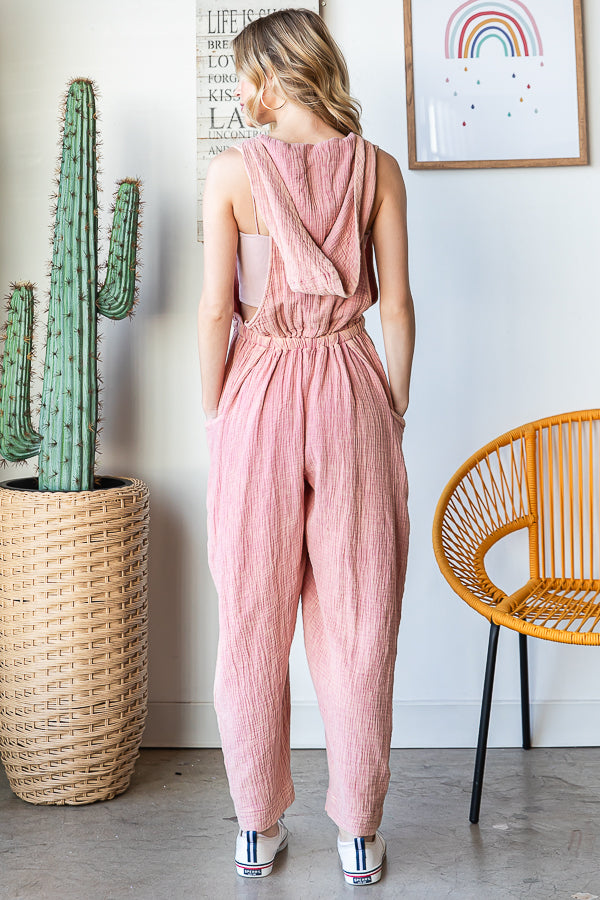 WASHED DRAWSTRING HOODED TIE WAIST LOOSE JUMPSUIT