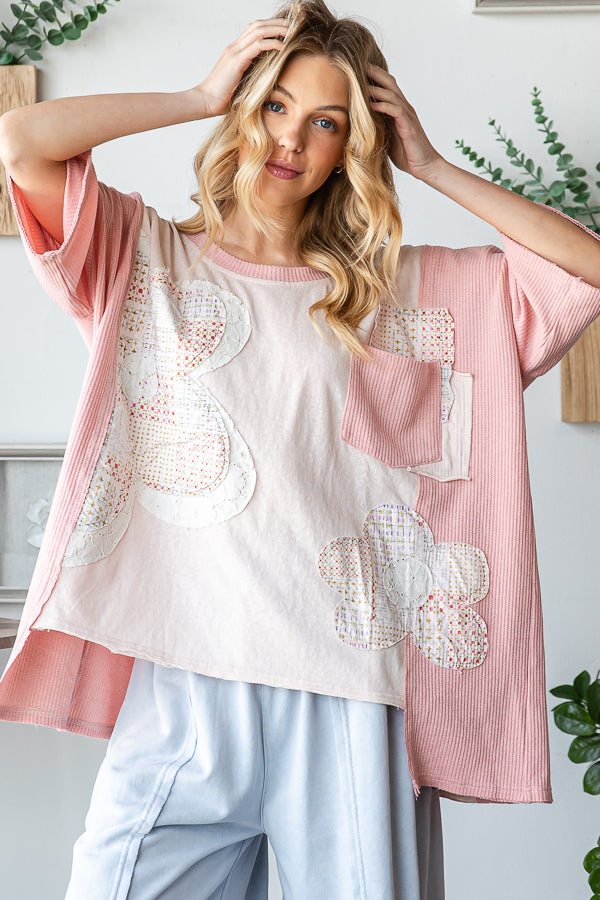 WASHED FLOWER PATCHWORK SHORT SLEEVE TOP